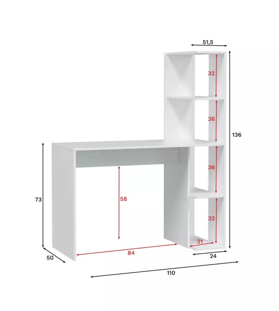 Scrivania e libreria reversibile bianca, 110x51,5x136 cm